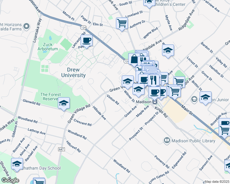 map of restaurants, bars, coffee shops, grocery stores, and more near 50 Green Village Road in Madison