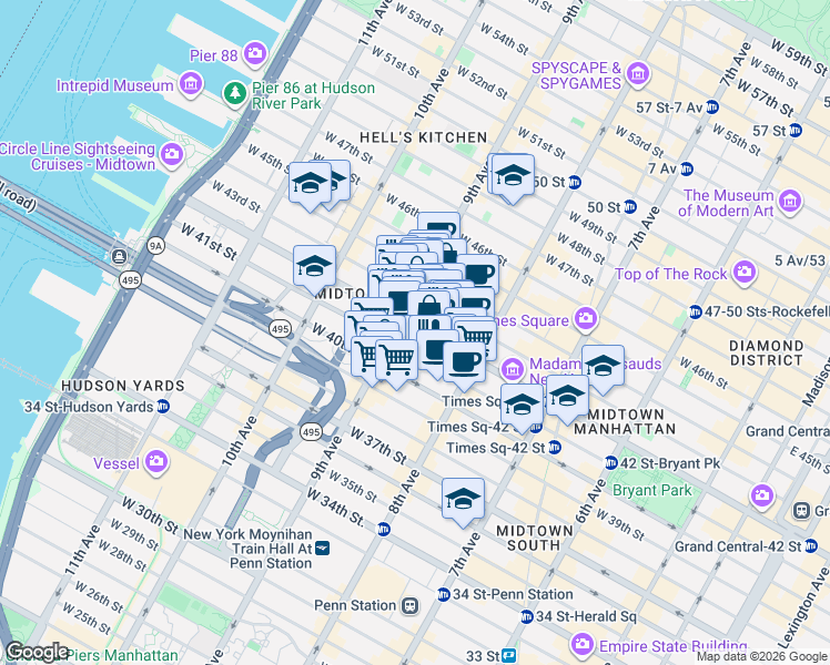 map of restaurants, bars, coffee shops, grocery stores, and more near in New York