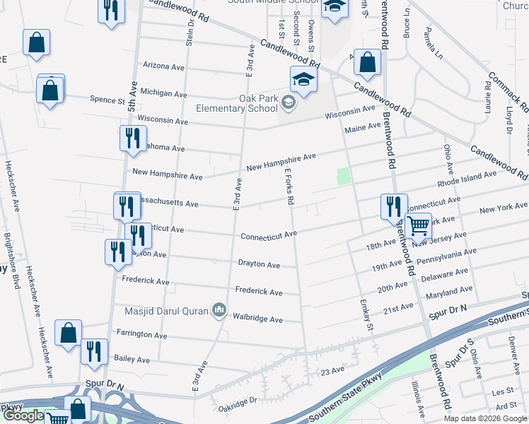 map of restaurants, bars, coffee shops, grocery stores, and more near 66 Massachusetts Avenue in Bay Shore