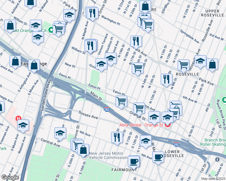 map of restaurants, bars, coffee shops, grocery stores, and more near North 18th Street & Eaton Place in East Orange