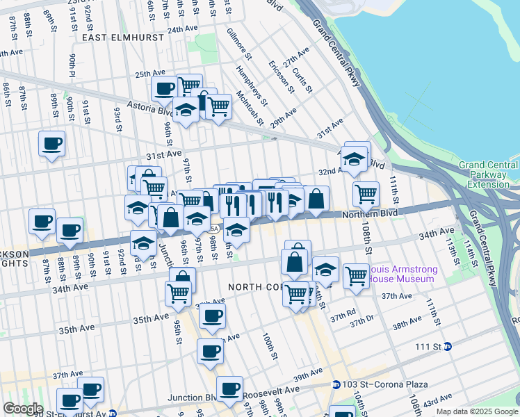 map of restaurants, bars, coffee shops, grocery stores, and more near 32-43 101st Street in Queens