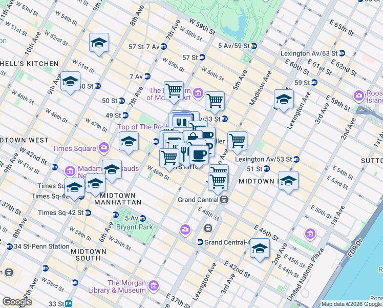 map of restaurants, bars, coffee shops, grocery stores, and more near 4 West 49th Street in New York