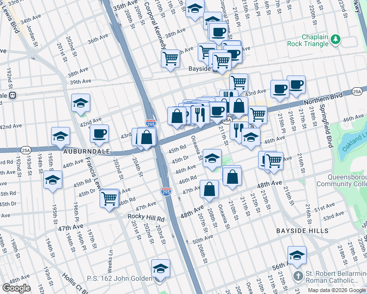 map of restaurants, bars, coffee shops, grocery stores, and more near 206-56 45th Road in Queens