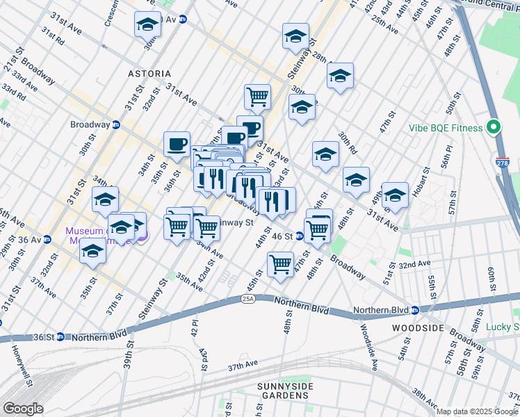 map of restaurants, bars, coffee shops, grocery stores, and more near 42-14 Broadway in Queens