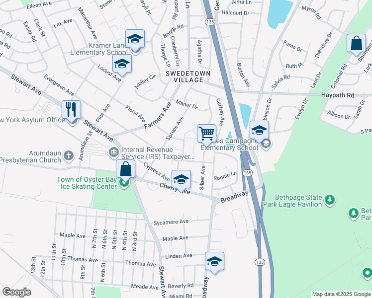 map of restaurants, bars, coffee shops, grocery stores, and more near 7 Adams Avenue in Bethpage