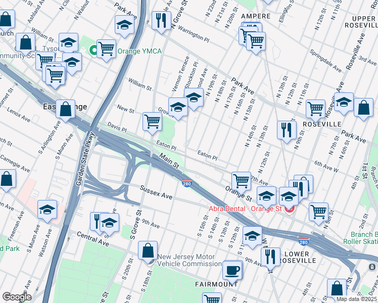 map of restaurants, bars, coffee shops, grocery stores, and more near 97 Eaton Place in East Orange