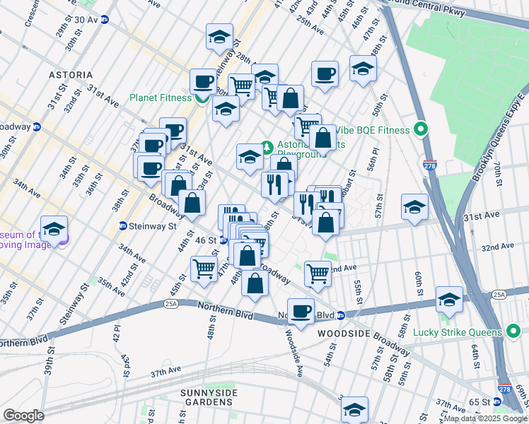 map of restaurants, bars, coffee shops, grocery stores, and more near 31-12 48th Street in Queens