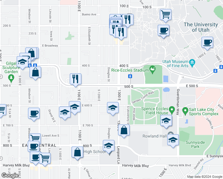 map of restaurants, bars, coffee shops, grocery stores, and more near 1254 East 500 South in Salt Lake City