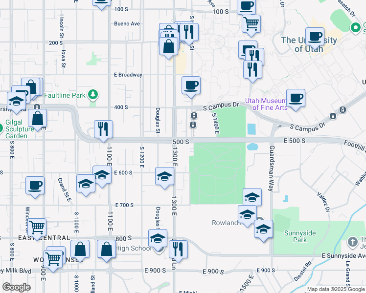 map of restaurants, bars, coffee shops, grocery stores, and more near 1320 East 500 South in Salt Lake City