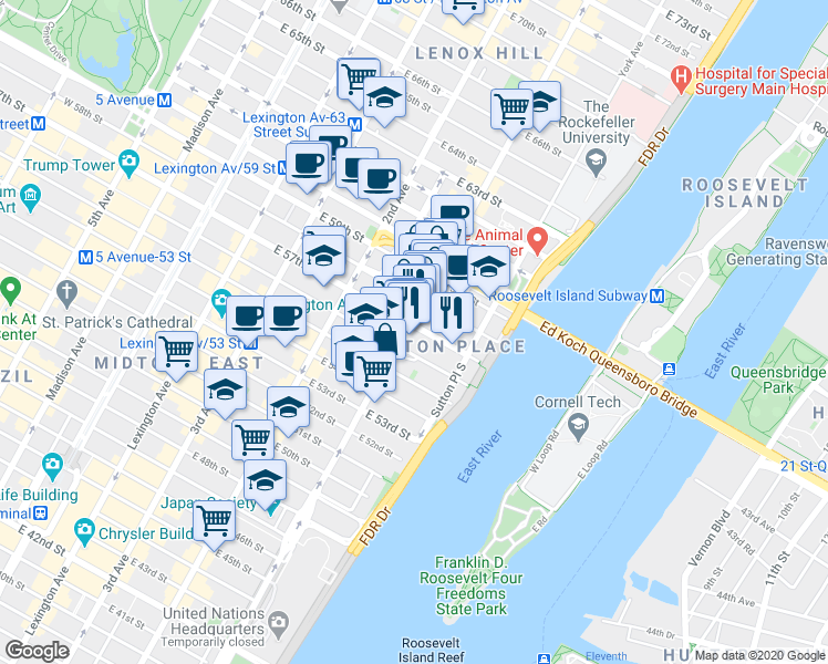 map of restaurants, bars, coffee shops, grocery stores, and more near 431 East 57th Street in New York