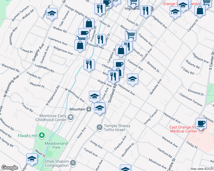 map of restaurants, bars, coffee shops, grocery stores, and more near 733 Vose Avenue in City of Orange