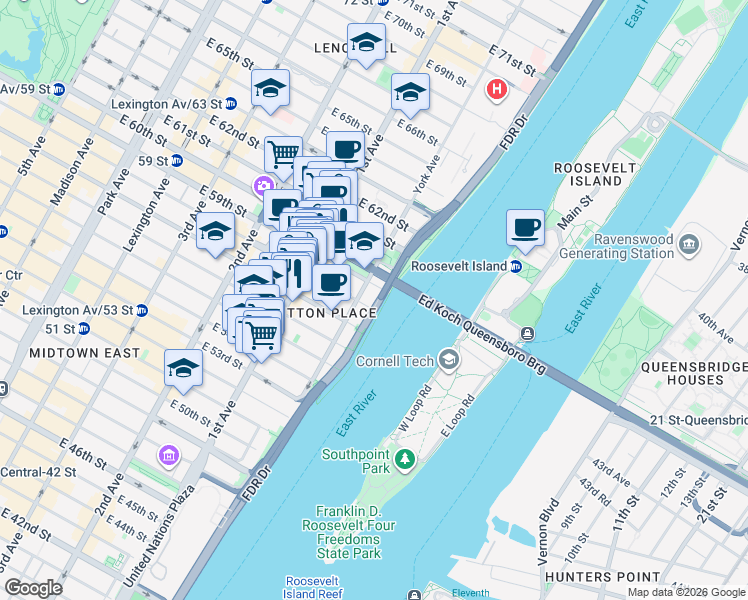 map of restaurants, bars, coffee shops, grocery stores, and more near 6 Riverview Terrace in New York