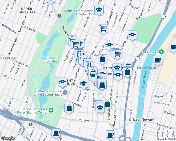 map of restaurants, bars, coffee shops, grocery stores, and more near 101 Mount Prospect Avenue in Newark