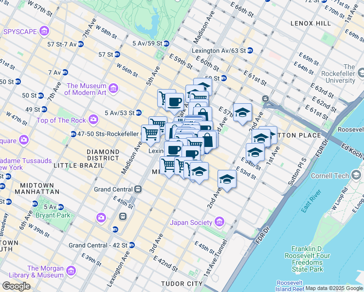 map of restaurants, bars, coffee shops, grocery stores, and more near 600 Lexington Avenue in New York