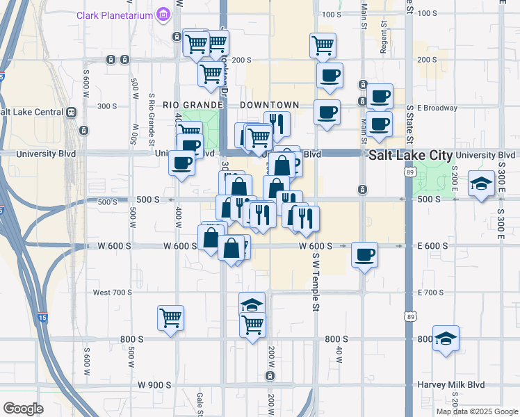 map of restaurants, bars, coffee shops, grocery stores, and more near 510 South 200 West in Salt Lake City