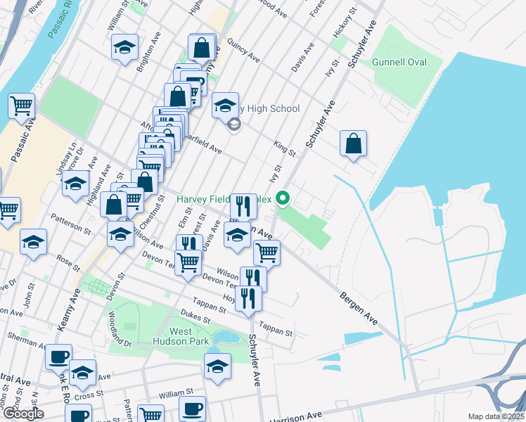 map of restaurants, bars, coffee shops, grocery stores, and more near 90 Ivy Street in Kearny
