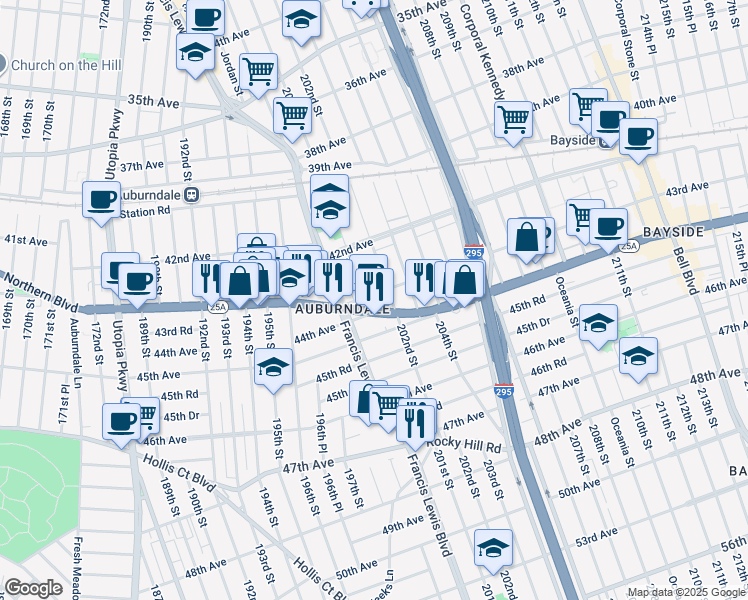 map of restaurants, bars, coffee shops, grocery stores, and more near 201-08 43rd Avenue in Queens