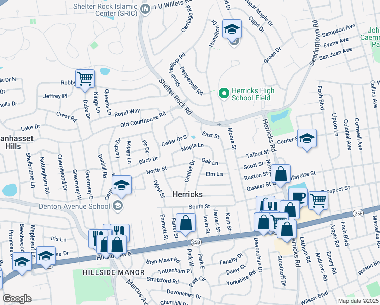 map of restaurants, bars, coffee shops, grocery stores, and more near 8 Center Drive in New Hyde Park