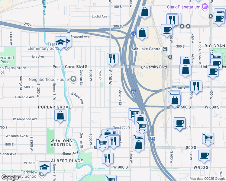map of restaurants, bars, coffee shops, grocery stores, and more near 513 South 900 West in Salt Lake City