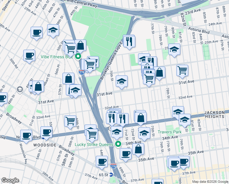 map of restaurants, bars, coffee shops, grocery stores, and more near 69-14 31st Avenue in Queens