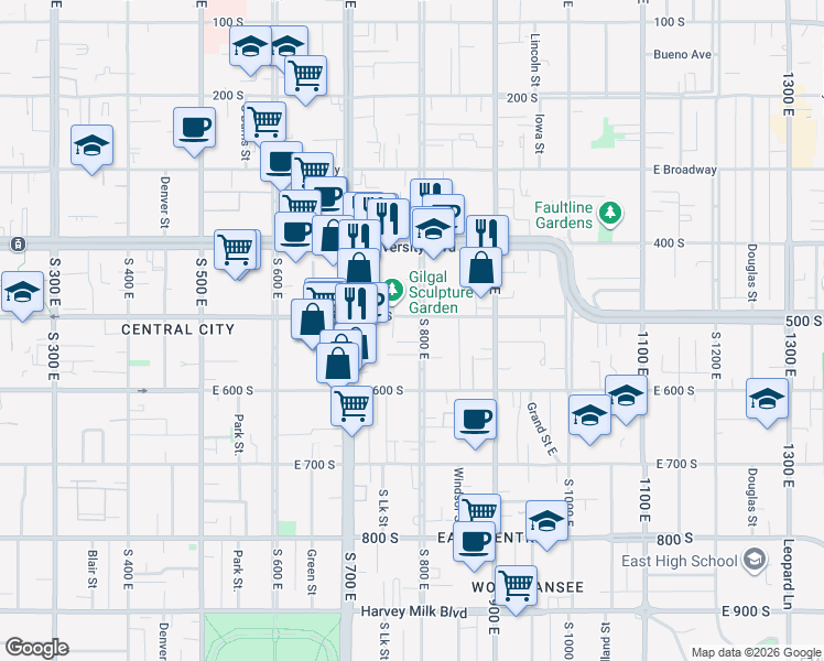 map of restaurants, bars, coffee shops, grocery stores, and more near 512 800 East in Salt Lake City