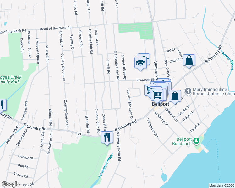 map of restaurants, bars, coffee shops, grocery stores, and more near 30 North Howells Point Road in Bellport
