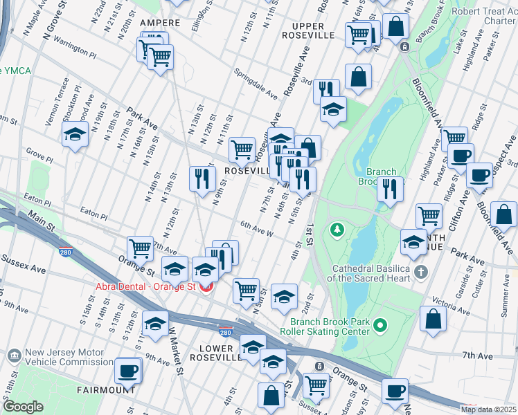 map of restaurants, bars, coffee shops, grocery stores, and more near 244 North 7th Street in Newark