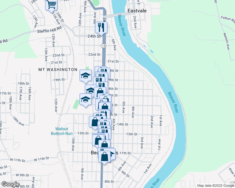 map of restaurants, bars, coffee shops, grocery stores, and more near 518 17th St in Beaver Falls