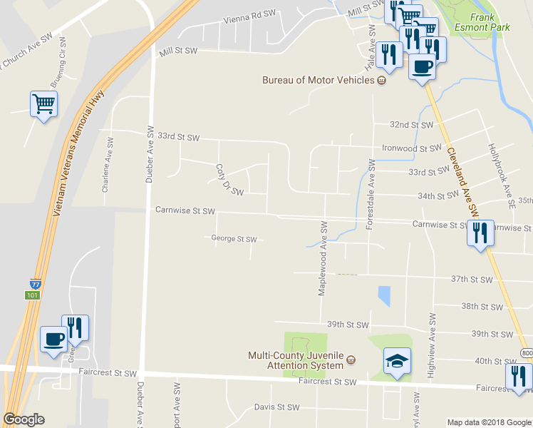 map of restaurants, bars, coffee shops, grocery stores, and more near 1206 Carnwise Street Southwest in Canton