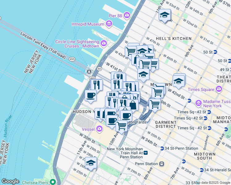 map of restaurants, bars, coffee shops, grocery stores, and more near 555 West 38th Street in New York