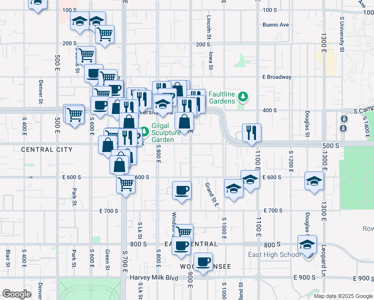 map of restaurants, bars, coffee shops, grocery stores, and more near 504 South 900 East in Salt Lake City