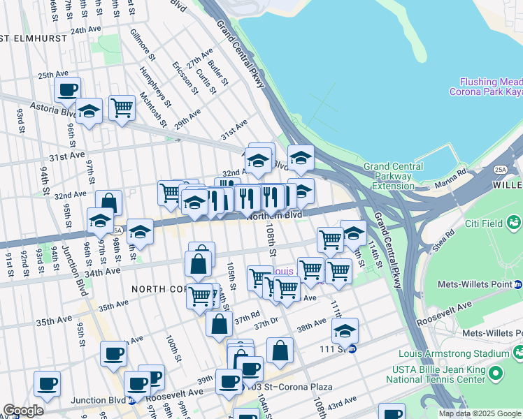 map of restaurants, bars, coffee shops, grocery stores, and more near 107-20 Northern Boulevard in Queens