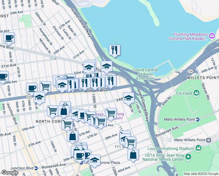 map of restaurants, bars, coffee shops, grocery stores, and more near 111-7 Northern Boulevard in Queens