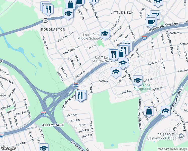 map of restaurants, bars, coffee shops, grocery stores, and more near 244- 10 Horace Harding Expressway in Queens