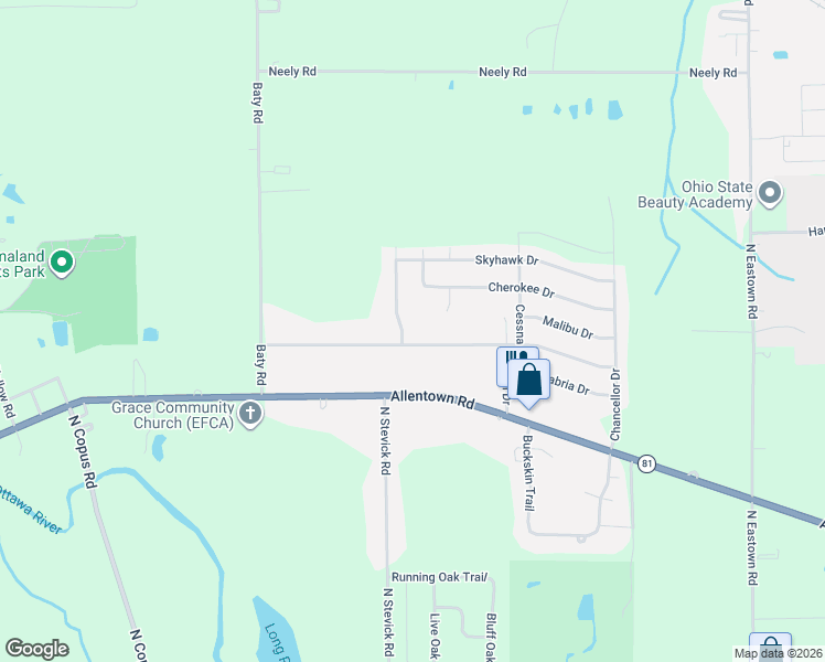 map of restaurants, bars, coffee shops, grocery stores, and more near 1430 George Bingham Dr in Elida