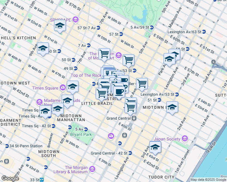 map of restaurants, bars, coffee shops, grocery stores, and more near 4 West 49th Street in New York
