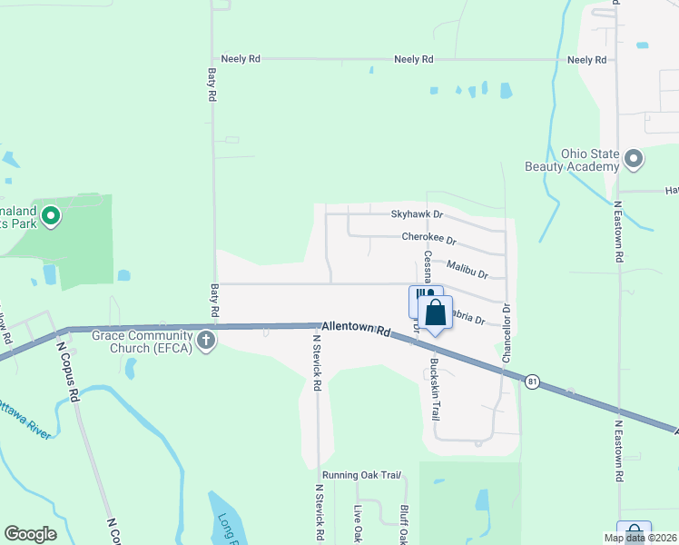 map of restaurants, bars, coffee shops, grocery stores, and more near 1430 George Bingham Dr in Elida