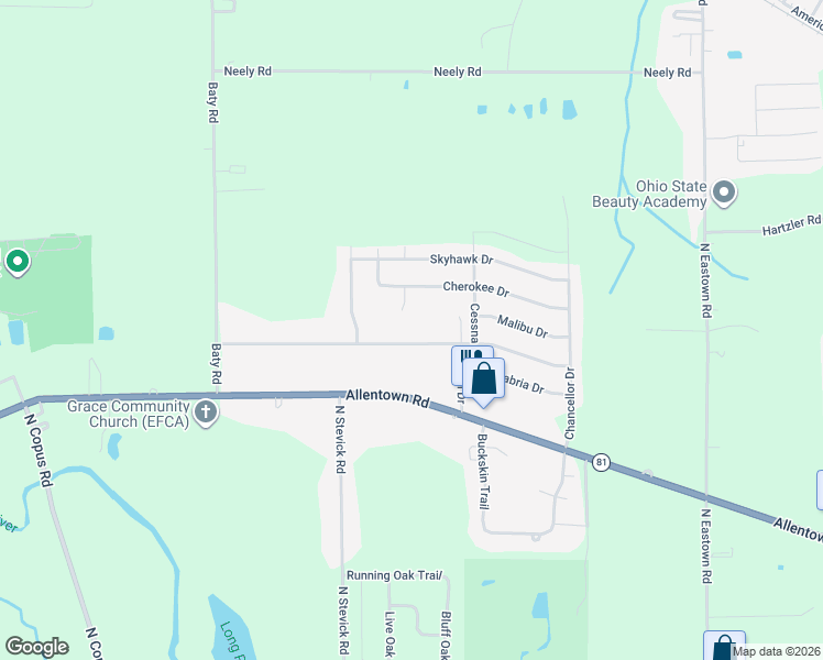 map of restaurants, bars, coffee shops, grocery stores, and more near 2980 Freyer Road in Elida
