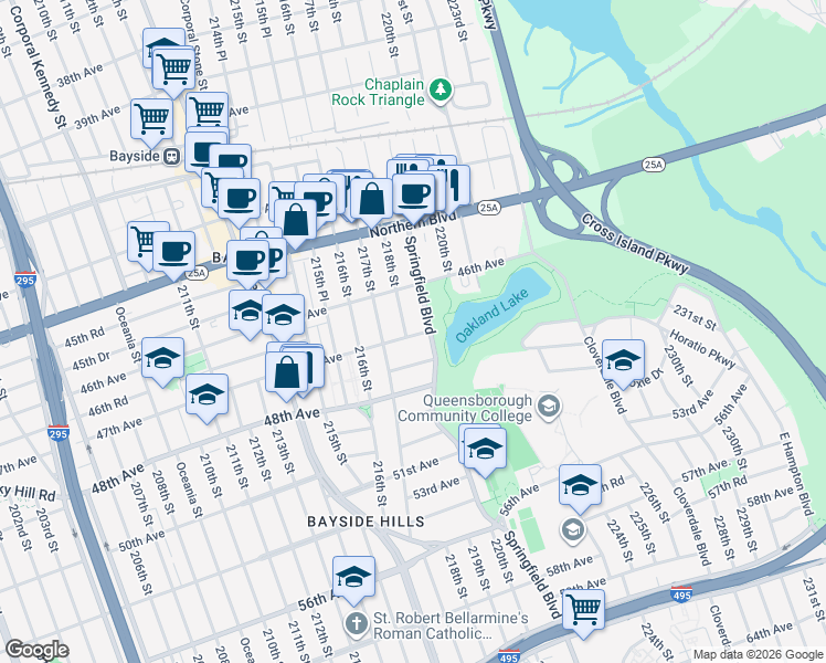 map of restaurants, bars, coffee shops, grocery stores, and more near 46-43 218th Street in Queens