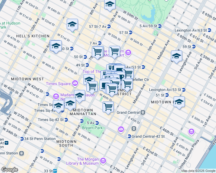 map of restaurants, bars, coffee shops, grocery stores, and more near 58 West 48th Street in New York