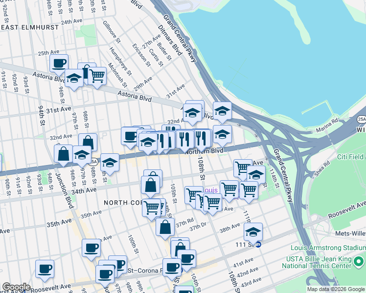 map of restaurants, bars, coffee shops, grocery stores, and more near 106-07 Northern Boulevard in Queens