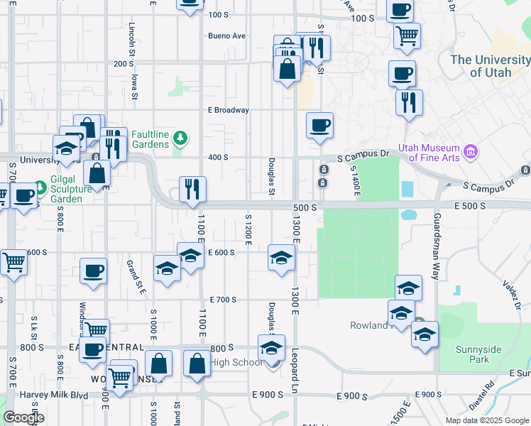 map of restaurants, bars, coffee shops, grocery stores, and more near 1254 East 500 South in Salt Lake City