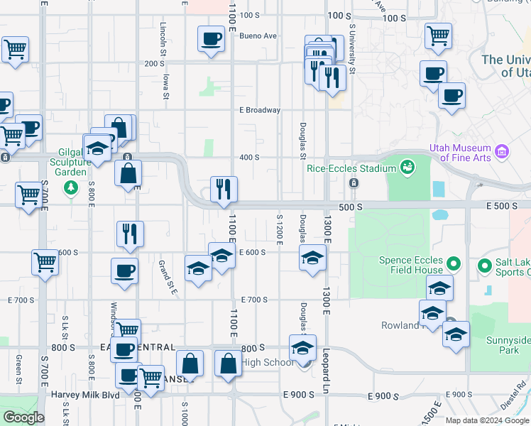 map of restaurants, bars, coffee shops, grocery stores, and more near 1144 University Boulevard in Salt Lake City
