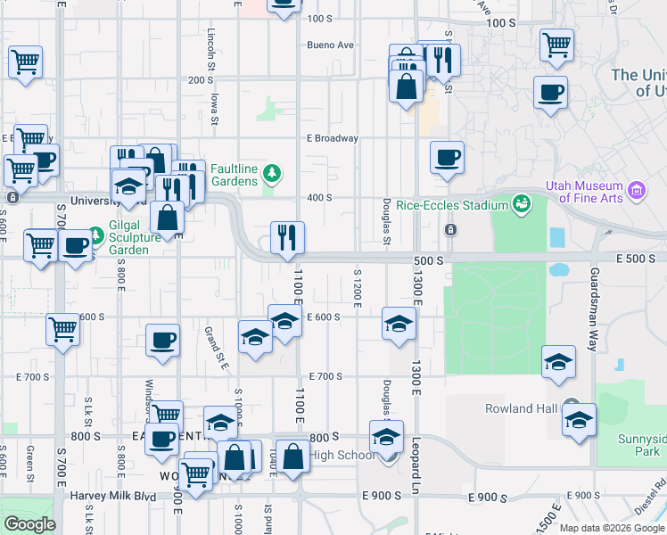 map of restaurants, bars, coffee shops, grocery stores, and more near 1144 University Boulevard in Salt Lake City