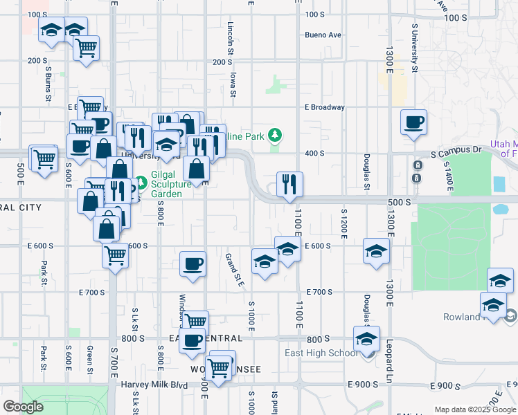 map of restaurants, bars, coffee shops, grocery stores, and more near 976 East 500 South in Salt Lake City