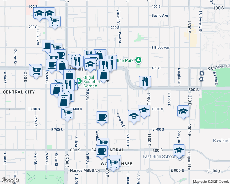 map of restaurants, bars, coffee shops, grocery stores, and more near 932 East 500 South in Salt Lake City