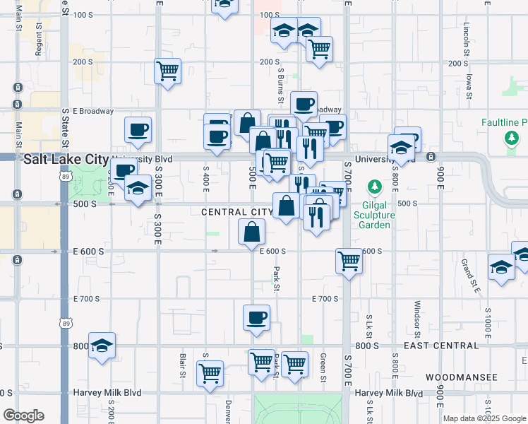 map of restaurants, bars, coffee shops, grocery stores, and more near 515 500 East in Salt Lake City