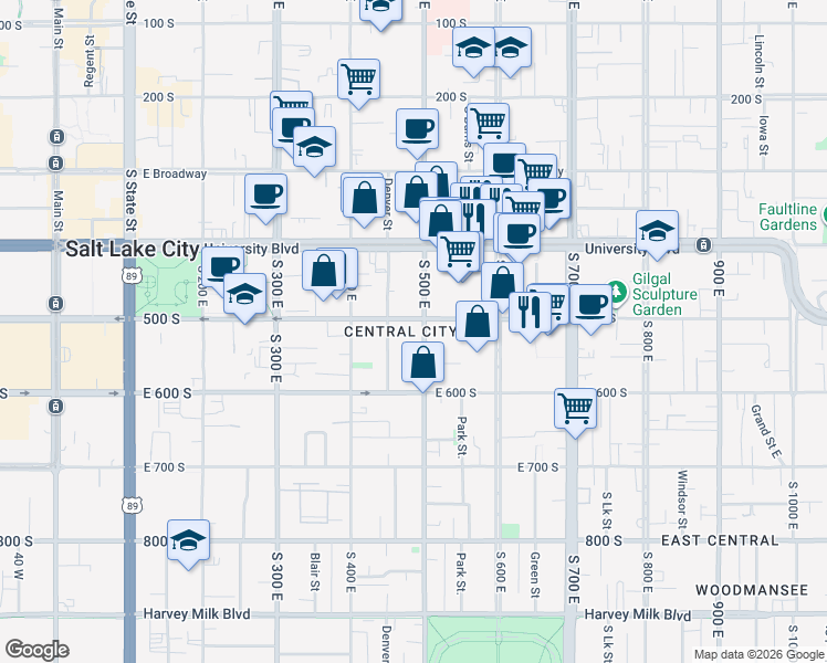 map of restaurants, bars, coffee shops, grocery stores, and more near in Salt Lake City