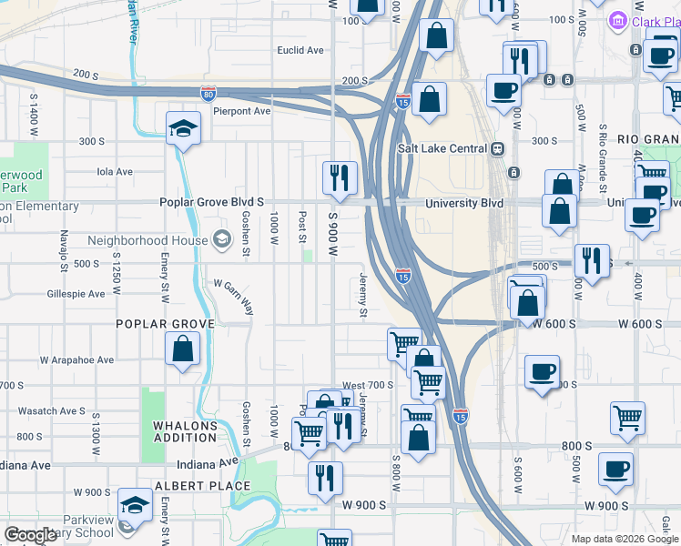 map of restaurants, bars, coffee shops, grocery stores, and more near 513 South 900 West in Salt Lake City
