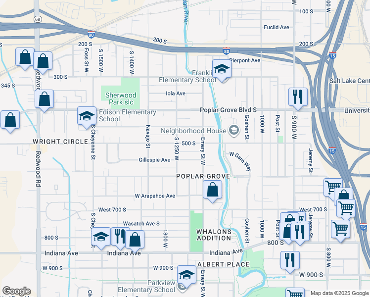 map of restaurants, bars, coffee shops, grocery stores, and more near 523 South 1250 West in Salt Lake City
